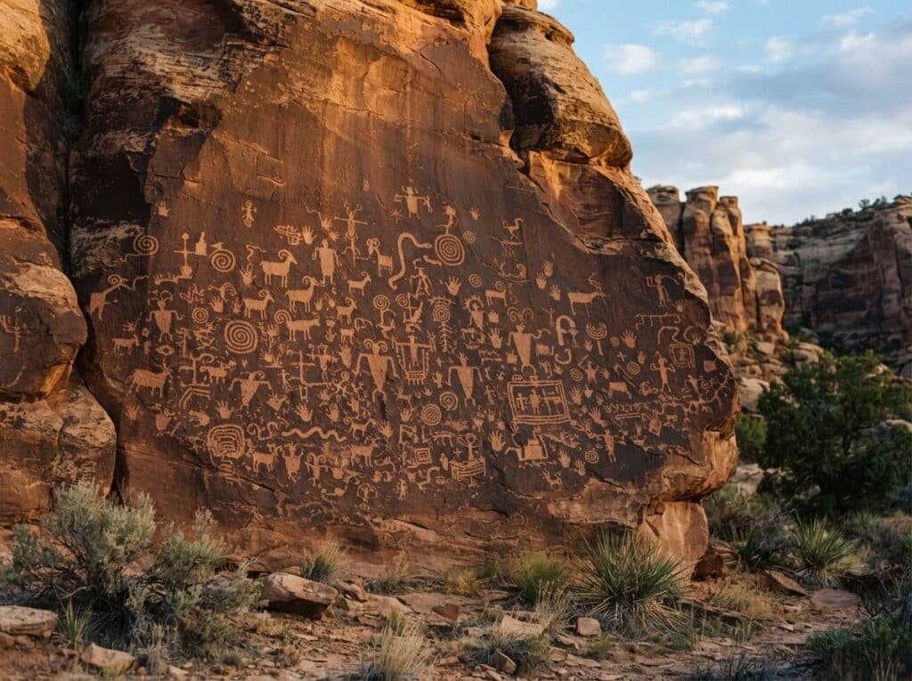 Red sandstone rock wall covered in ancient petroglyphs