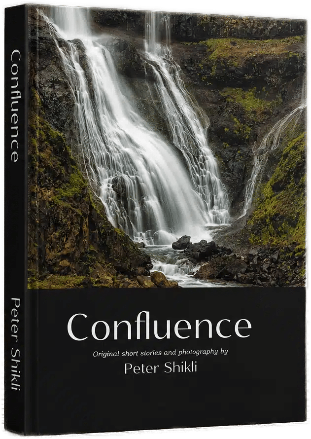 Book cover of Confluence by Peter Shikli showing a forest waterfall